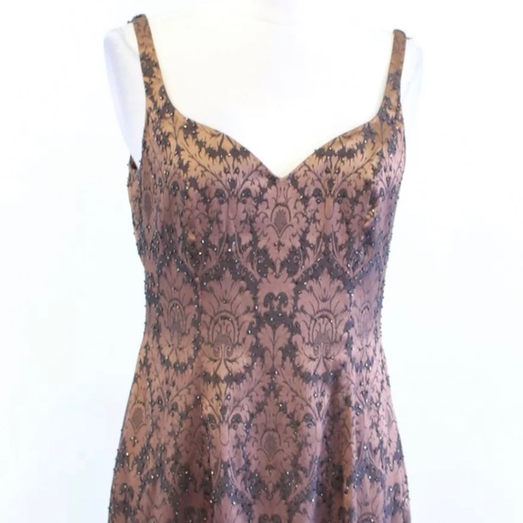 Vtg 90s Cache Brown Black Jacquard Fringe Sequin Beaded Cocktail Party Dress 6 - Picture 1 of 6
